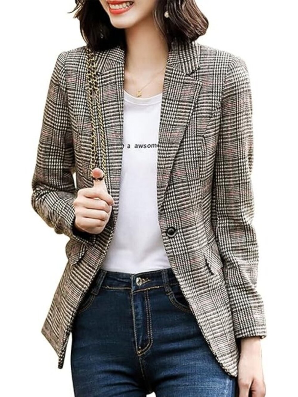 Gap Blazer Jacket Plaid Womens Size 2 Gray Black Checkered Notch Lapel Long Slee